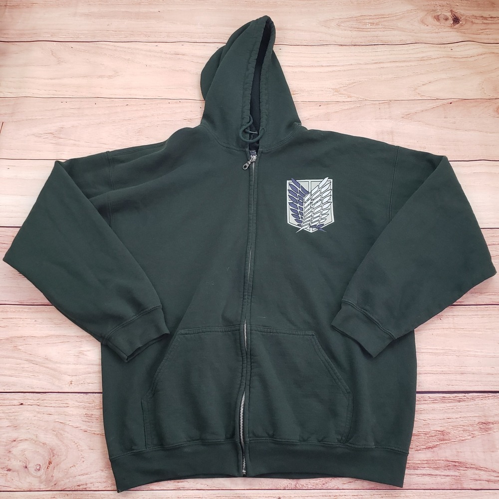Attack‎ on Titan Anime Sweatshirt Mens XL Green Graphic Full Zip Hoodie Cosplay